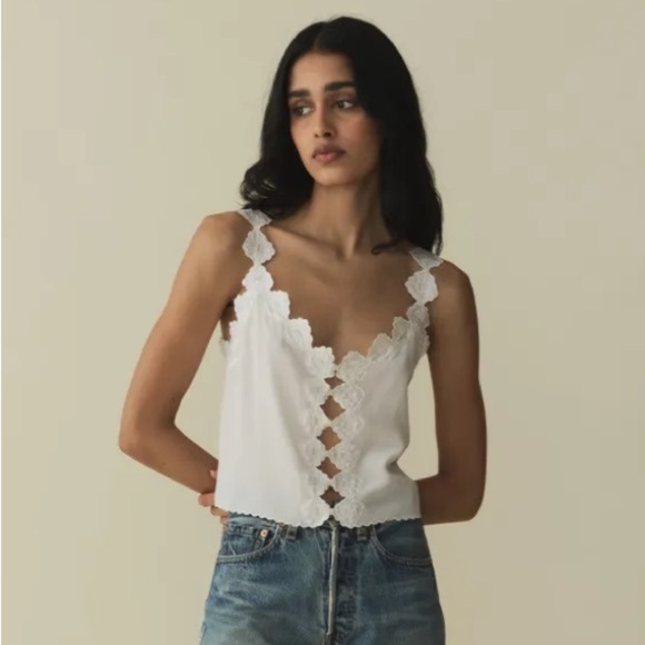 NWT Doen Flores Silk Scalloped Button V Neck Cami Camisole Tank Blouse Top Salt - Picture 3 of 9